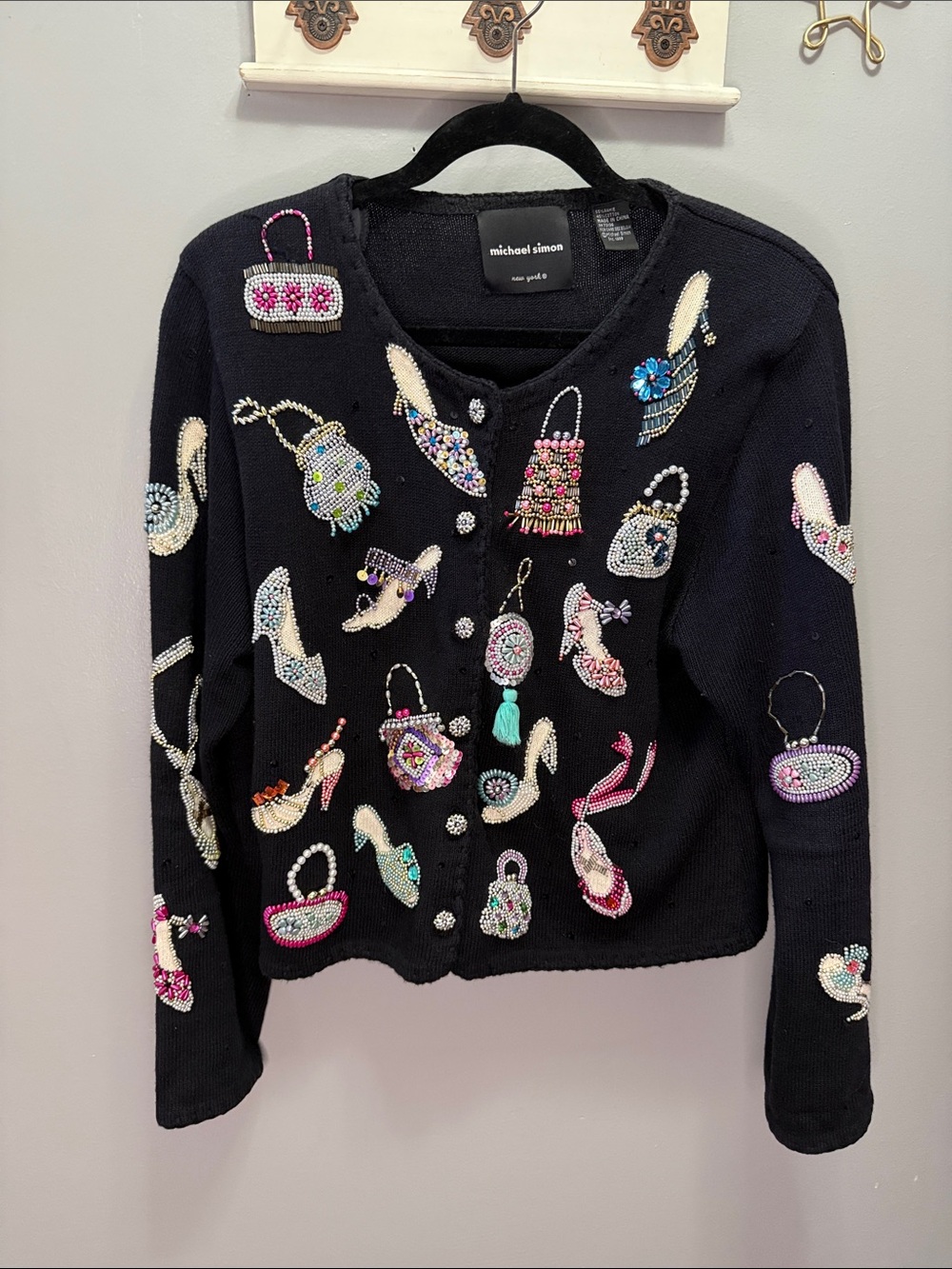Vintage Michael Simon Cardigan w/Hand beaded & sequined high heel pumps & purses